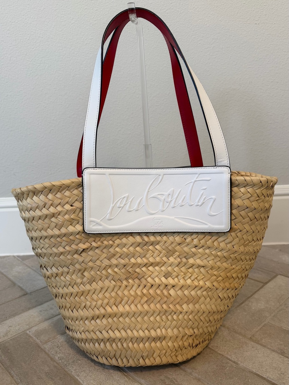 Christian Louboutin Loubishore White Leather Straw Woven Tote Bag